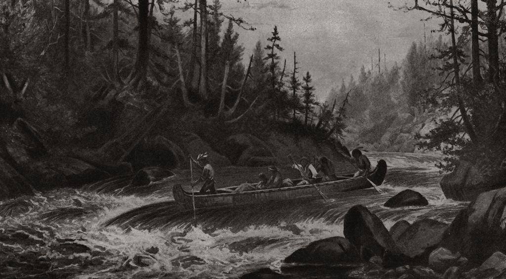 Shooting the rapids. St Lawrence. Native American Indians in canoes 1894 print